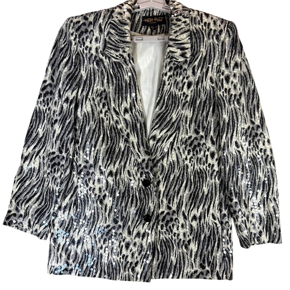 VTG High Point New York Blazer Womens Medium Zebra Leopard Sequin Jacket USA